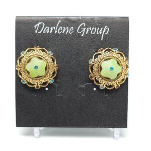 Vintage Darlene Group Earrings Gold Tone Green Flower Bead Rhinestones